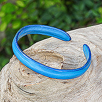 Leather cuff bracelet, 'Simply Loyal' - Handcrafted Modern Leather Cuff Bracelet in Blue