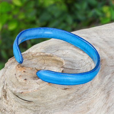 Leather cuff bracelet, 'Simply Loyal' - Handcrafted Modern Leather Cuff Bracelet in Blue