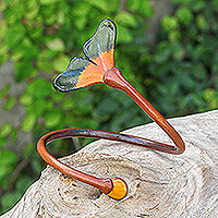 Leather wrap bracelet, 'Vital Brown' - Ginko Leaf-Inspired Brown and Green Leather Wrap Bracelet