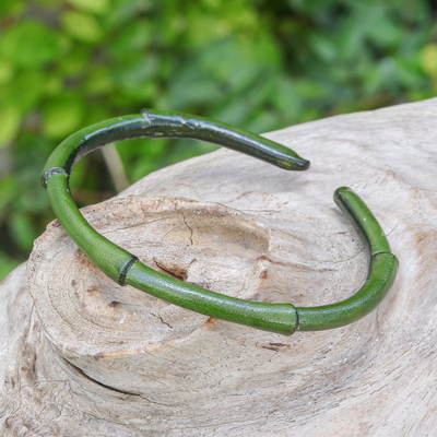 Leather cuff bracelet, 'Harmonious Bamboo' - Bamboo-Inspired Adjustable Green Leather Cuff Bracelet