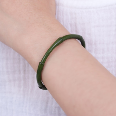 Leather cuff bracelet, 'Harmonious Bamboo' - Bamboo-Inspired Adjustable Green Leather Cuff Bracelet