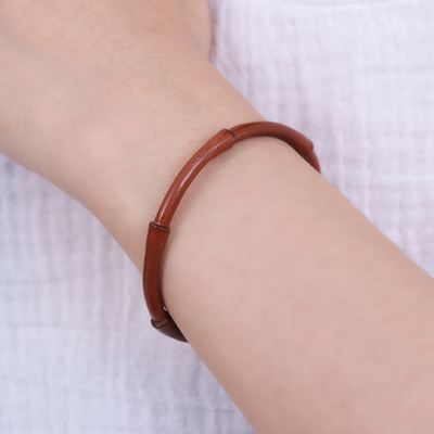 Leather cuff bracelet, 'Resilient Bamboo' - Bamboo-Inspired Adjustable Brown Leather Cuff Bracelet