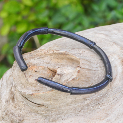 Leather cuff bracelet, 'Mysterious Bamboo' - Bamboo-Inspired Adjustable Black Leather Cuff Bracelet