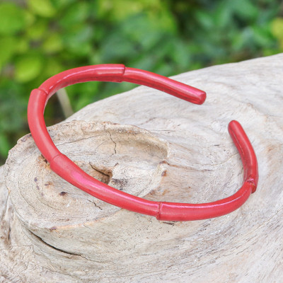 Leather cuff bracelet, 'Passionate Bamboo' - Bamboo-Inspired Adjustable Red Leather Cuff Bracelet