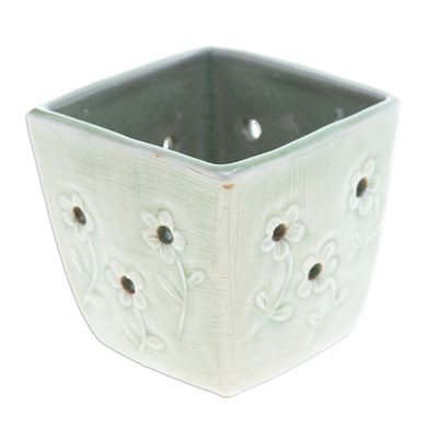 Celadon ceramic mini flower pot, 'Green Little Garden' - Celadon Ceramic Mini Planter with Floral Motif in Green