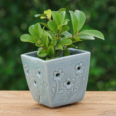 Celadon ceramic mini flower pot, 'Blue Little Garden' - Celadon Ceramic Mini Planter with Floral Motif in Blue