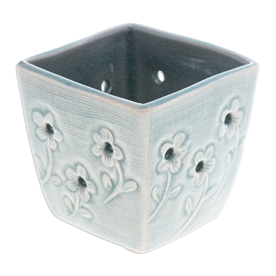 Celadon ceramic mini flower pot, 'Blue Little Garden' - Celadon Ceramic Mini Planter with Floral Motif in Blue