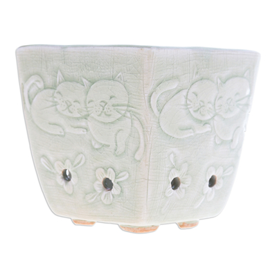 Mini macetero de cerámica Celadón - Mini macetero de cerámica Celadon con temática floral y de gatos en verde