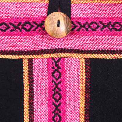 Bolso bandolera de algodón - Bolso de hombro de algodón negro y rosa hecho a mano en Tailandia