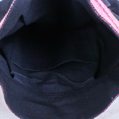 Bolso bandolera de algodón - Bolso de hombro de algodón negro y rosa hecho a mano en Tailandia