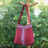 Cotton shoulder bag, 'Thai Romance' - Handcrafted Crimson Cotton Shoulder Bag from Thailand