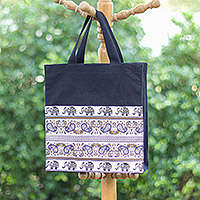 Baumwoll-Einkaufstasche, „Sage Day“ – Baumwoll-Einkaufstasche mit Elefanten- und Paisley-Aufdruck aus Thailand