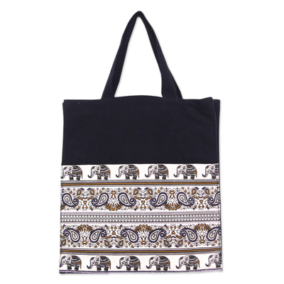 Cotton tote bag, 'Sage Day' - Elephant and Paisley Printed Cotton Tote Bag from Thailand