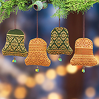 Cotton ornaments, 'Sublime Yok Dok Holidays' (set of 4) - Set of 4 Golden and Green Yok Dok Bell Cotton Ornaments