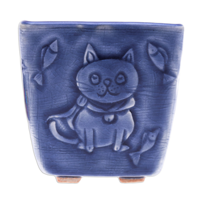 Mini-Blumentopf aus Celadon-Keramik, 'Feline Eden in Blau'. - Blauer Mini-Blumentopf aus Keramik mit Katzenmotiv und Crackled-Finish