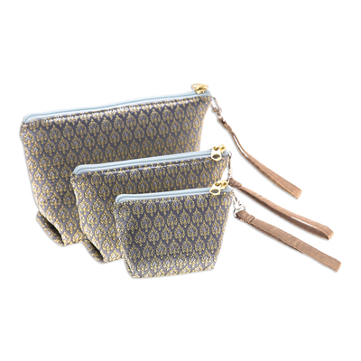 Cosmetic bags, 'Baroque Trio' (set of 3) - Set of 3 Handmade Thai Cosmetic Bags in Grey and Yellow