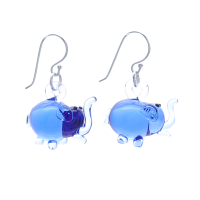 Handblown glass dangle earrings, 'Blue Elephant Glam' - Elephant-Shaped Handblown Glass Dangle Earrings in Blue