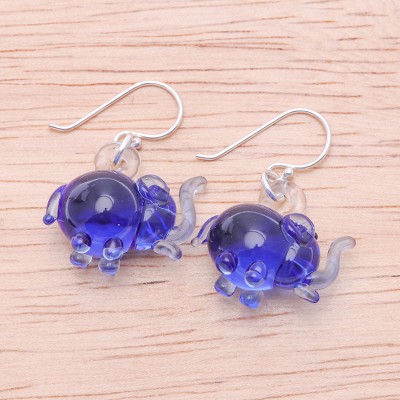 Handblown glass dangle earrings, 'Blue Elephant Glam' - Elephant-Shaped Handblown Glass Dangle Earrings in Blue