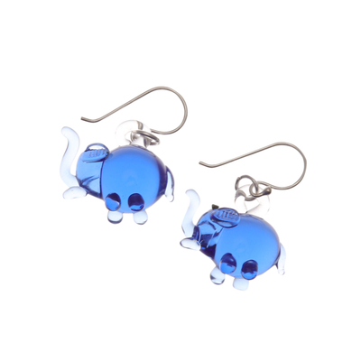 Handblown glass dangle earrings, 'Blue Elephant Glam' - Elephant-Shaped Handblown Glass Dangle Earrings in Blue