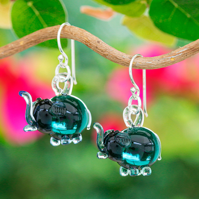 Handblown glass dangle earrings, 'Teal Elephant Glam' - Elephant-Shaped Handblown Glass Dangle Earrings in Teal