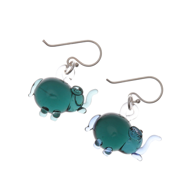 Handblown glass dangle earrings, 'Teal Elephant Glam' - Elephant-Shaped Handblown Glass Dangle Earrings in Teal