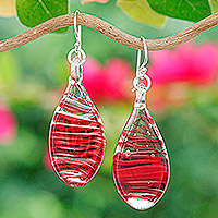 Handblown glass dangle earrings, 'Red Ovate Leaf' - Handblown Glass Dangle Earrings with Red Spirals