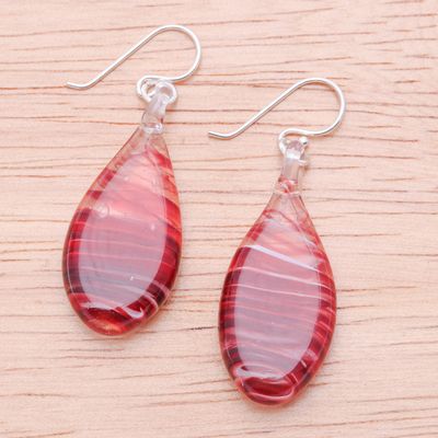 Handblown glass dangle earrings, 'Red Ovate Leaf' - Handblown Glass Dangle Earrings with Red Spirals