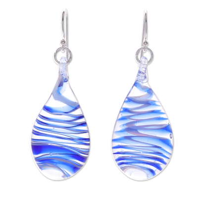 Handblown glass dangle earrings, 'Azure Ovate Leaf' - Handblown Glass Dangle Earrings with Azure Spirals