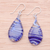 Handblown glass dangle earrings, 'Azure Ovate Leaf' - Handblown Glass Dangle Earrings with Azure Spirals