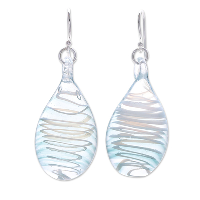 Handblown glass dangle earrings, 'Sky Blue Ovate Leaf' - Handblown Glass Dangle Earrings with Light Blue Spirals