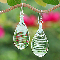 Handblown glass dangle earrings, 'Bright Green Ovate Leaf' - Handblown Glass Dangle Earrings with Light Green Spirals