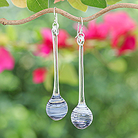 Handblown glass dangle earrings, 'Shadow Pendulum' - Handblown Abstract Clear and Black Glass Dangle Earrings