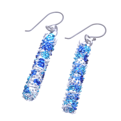 Handblown glass dangle earrings, 'Blue Stick' - Modern Handblown Glass Stick Dangle Earrings in Blue Hues