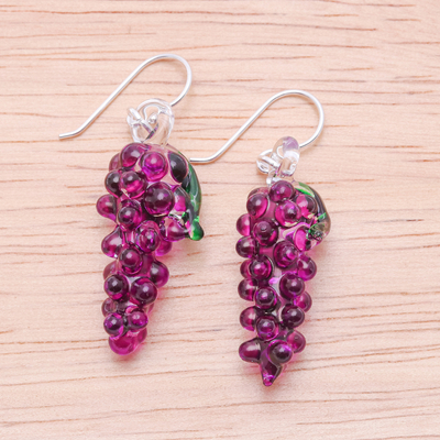 Handblown glass dangle earrings, 'Purple Grapes' - Grape Themed Handblown Glass Dangle Earrings in Purple