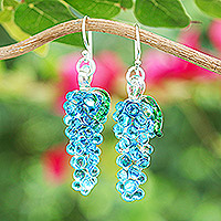 Handblown glass dangle earrings, 'Azure Grapes' - Blue & Green Grape-Inspired Handblown Glass Dangle Earrings