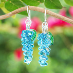 Handblown glass dangle earrings, 'Azure Grapes' - Blue & Green Grape-Inspired Handblown Glass Dangle Earrings