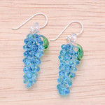 Handblown glass dangle earrings, 'Azure Grapes' - Blue & Green Grape-Inspired Handblown Glass Dangle Earrings