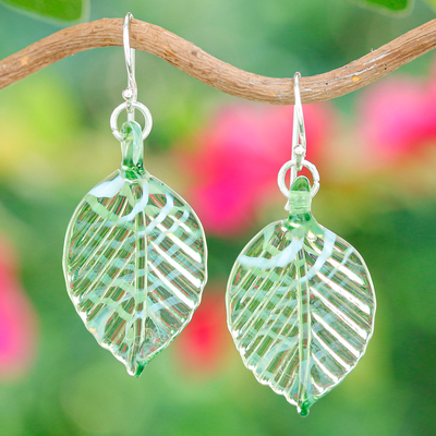 Handblown glass dangle earrings, 'Harmonious Foliage' - Handblown Striped Green and Clear Glass Leaf Dangle Earrings