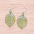 Handblown glass dangle earrings, 'Harmonious Foliage' - Handblown Striped Green and Clear Glass Leaf Dangle Earrings