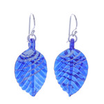 Handblown glass dangle earrings, 'Foliage in Blue' - Handblown Leaf-Shaped Striped Blue Glass Dangle Earrings