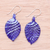 Handblown glass dangle earrings, 'Foliage in Blue' - Handblown Leaf-Shaped Striped Blue Glass Dangle Earrings