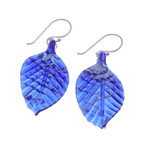 Handblown glass dangle earrings, 'Foliage in Blue' - Handblown Leaf-Shaped Striped Blue Glass Dangle Earrings