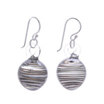 Handblown glass dangle earrings, 'Little Whirlpool' - Handblown Black Swirl Patterned Glass Dangle Earrings