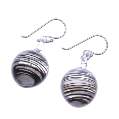 Handblown glass dangle earrings, 'Little Whirlpool' - Handblown Black Swirl Patterned Glass Dangle Earrings
