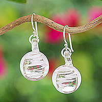 Pendientes colgantes de vidrio soplado a mano, 'Pink Ball' - Pendientes colgantes de vidrio soplado a mano con espirales rosas y blancas
