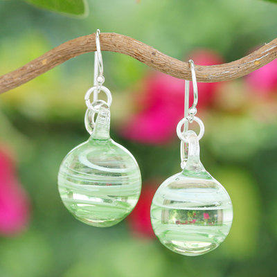Handblown glass dangle earrings, 'Green Ball' - Handblown Glass Dangle Earrings with Green & White Spirals