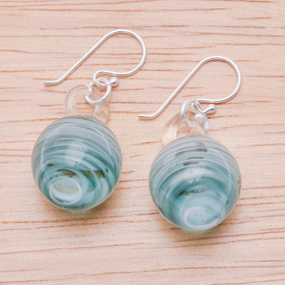 Handblown glass dangle earrings, 'Light Blue Ball' - Blown Glass Dangle Earrings with Light Blue & White Spirals