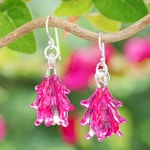Handblown glass dangle earrings, 'Fuchsia Tree' - Tree-Inspired Handblown Glass Dangle Earrings in Fuchsia