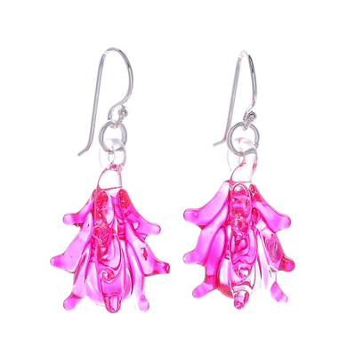 Handblown glass dangle earrings, 'Fuchsia Tree' - Tree-Inspired Handblown Glass Dangle Earrings in Fuchsia