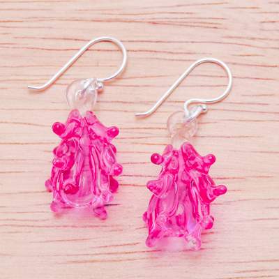 Handblown glass dangle earrings, 'Fuchsia Tree' - Tree-Inspired Handblown Glass Dangle Earrings in Fuchsia